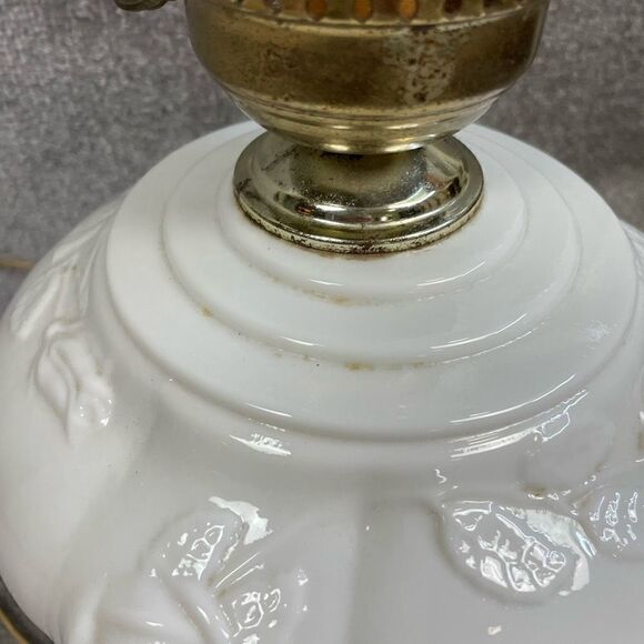 Antique Milk Glass Cherry Blossoms Floral Glass Oil Hurricane Lamp Hedco NY - Picture 7 of 10